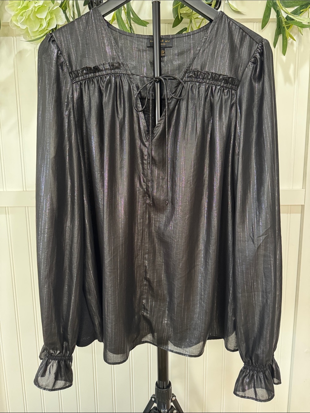 #802 Anthropologie CURRENT AIR Black Metallic Stripe Peasant Tie-Neck Blouse